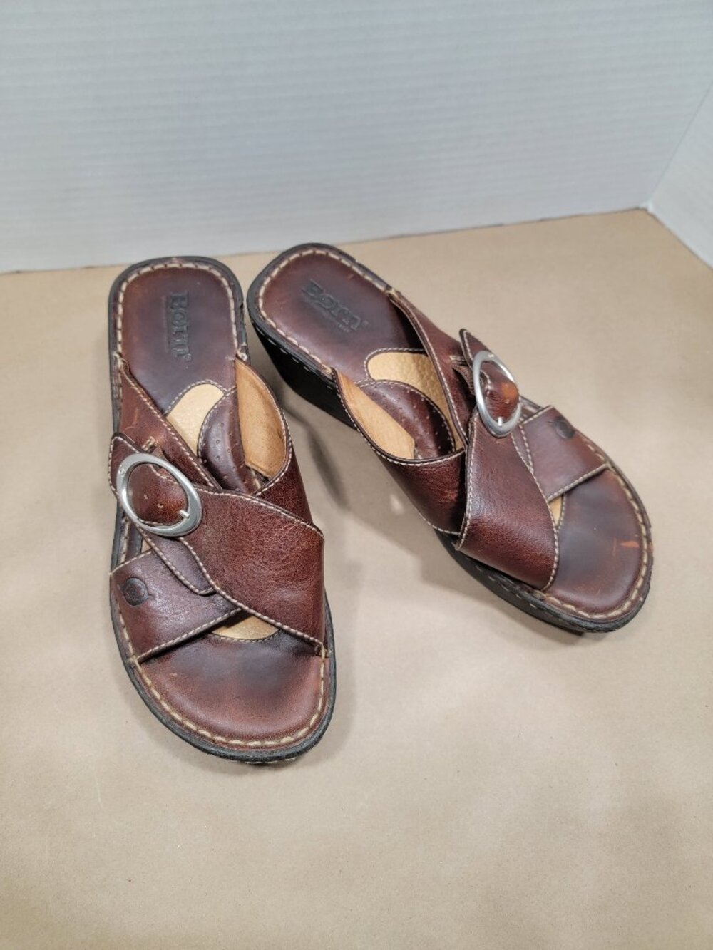 Born Size 7 Brown Leather Buckle Slip-On Wedge Sandal Shoes